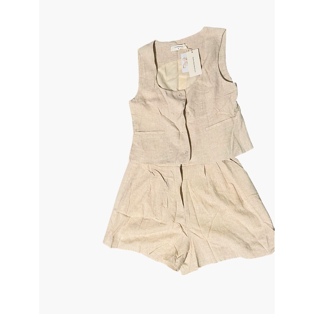 Commense Linen Blend Vest Top Shorts Set‎ Women's Beige Sleeveless Casual - Picture 3 of 7